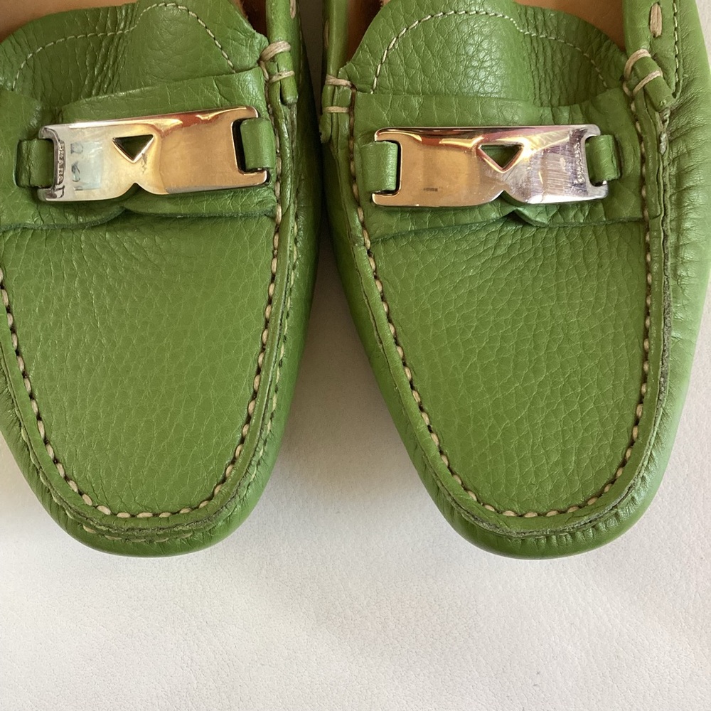 Prada Leather Pistachio Green Silver Plate Logo Mules SZ 6 - Picture 3 of 11